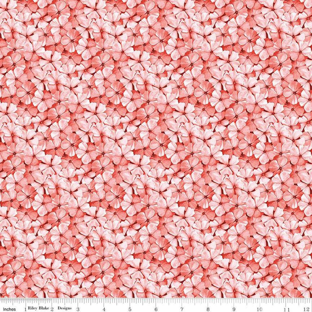 Image of the Sewing Seeds III Phlox Petals Pink quilting cotton fabric by Lori Holt for Riley Blake Designs. Features flowers on a pink background. Cute Little Fabric Shop