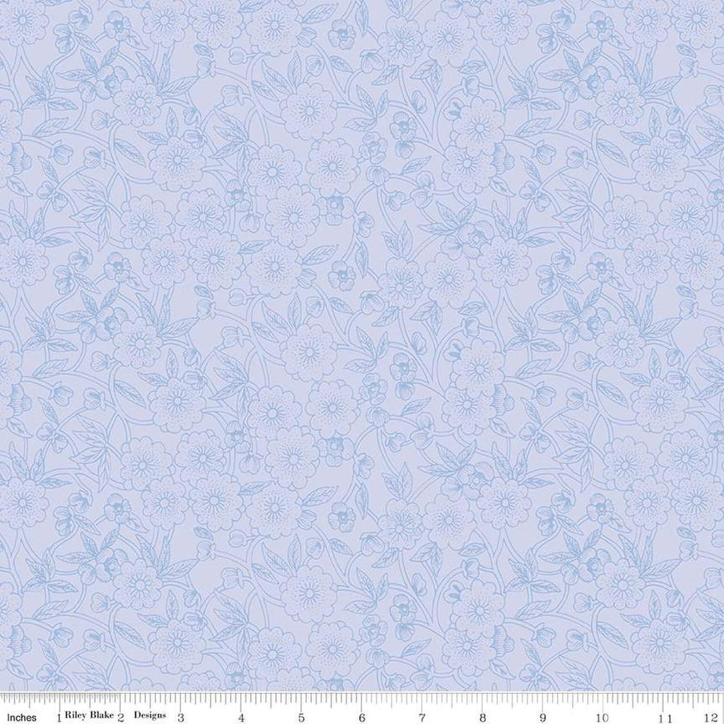 Image of the Sewing Seeds III Porcelain Petals Periwinkle quilting cotton fabric by Lori Holt for Riley Blake Designs. Features flowers on a purple background. Cute Little Fabric Shop