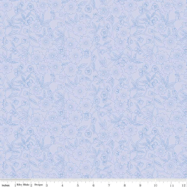 Image of the Sewing Seeds III Porcelain Petals Periwinkle quilting cotton fabric by Lori Holt for Riley Blake Designs. Features flowers on a purple background. Cute Little Fabric Shop