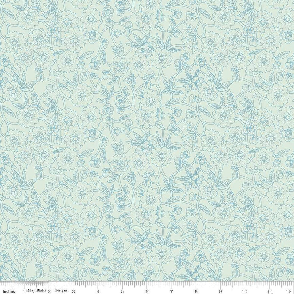 Image of the Sewing Seeds III Porcelain Petals Aqua quilting cotton fabric by Lori Holt for Riley Blake Designs. Features flowers on a aqua background. Cute Little Fabric Shop