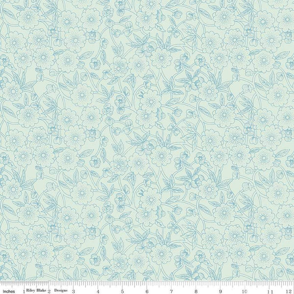 Image of the Sewing Seeds III Porcelain Petals Aqua quilting cotton fabric by Lori Holt for Riley Blake Designs. Features flowers on a aqua background. Cute Little Fabric Shop