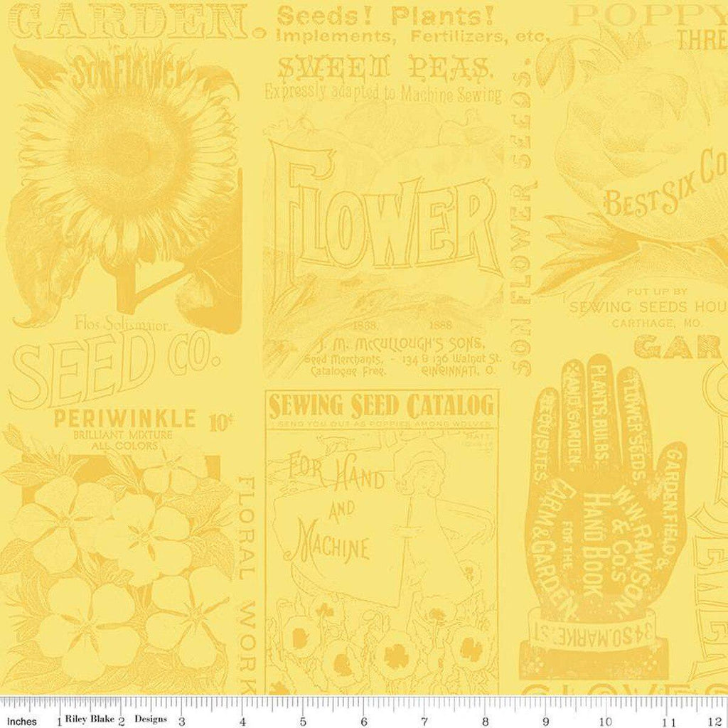 Image of the Sewing Seeds III Garden Blender Yellow quilting cotton fabric by Lori Holt for Riley Blake Designs. Features icons on a yellow background. Cute Little Fabric Shop