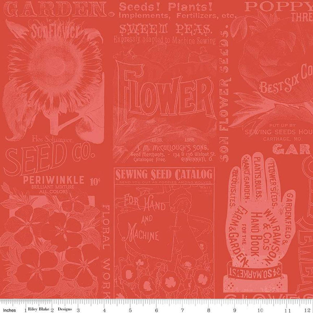 Image of the Sewing Seeds III Garden Blender Red quilting cotton fabric by Lori Holt for Riley Blake Designs. Features icons on a red background. Cute Little Fabric Shop