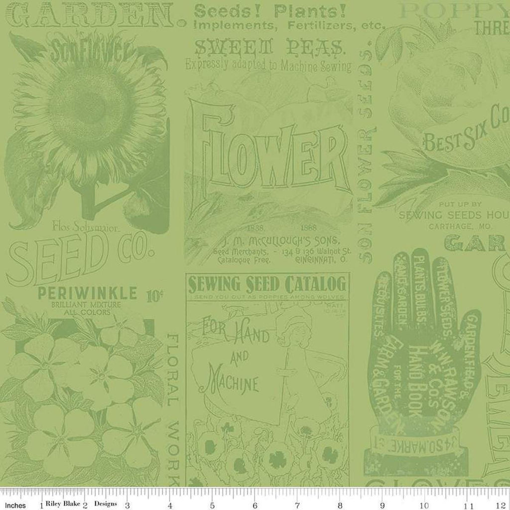 Image of the Sewing Seeds III Garden Blender Green quilting cotton fabric by Lori Holt for Riley Blake Designs. Features icons on a green background. Cute Little Fabric Shop