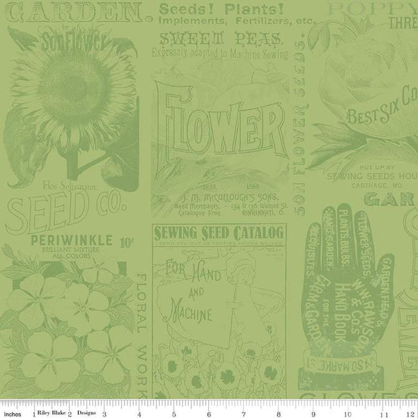 Image of the Sewing Seeds III Garden Blender Green quilting cotton fabric by Lori Holt for Riley Blake Designs. Features icons on a green background. Cute Little Fabric Shop