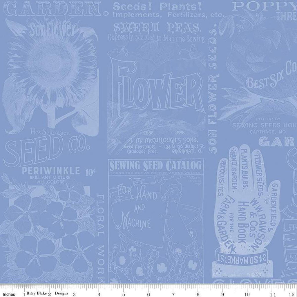 Image of the Sewing Seeds III Garden Blender Blue quilting cotton fabric by Lori Holt for Riley Blake Designs. Features icons on a blue background. Cute Little Fabric Shop