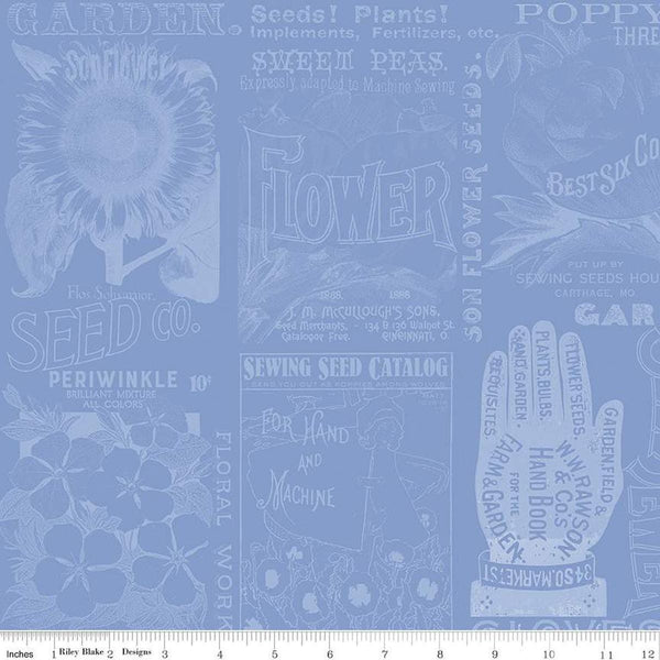 Image of the Sewing Seeds III Garden Blender Blue quilting cotton fabric by Lori Holt for Riley Blake Designs. Features icons on a blue background. Cute Little Fabric Shop