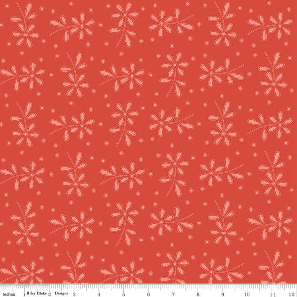 Image of the Sewing Seeds III Seed Packs Toss Red quilting cotton fabric by Lori Holt for Riley Blake Designs. Features ads on a red background. Cute Little Fabric Shop