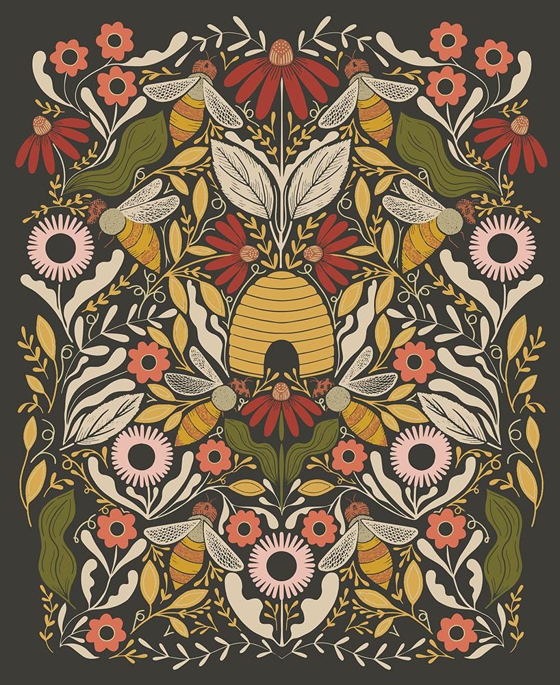 Image of the Bee Garden Metallic Black Panel quilting cotton fabric by Gingiber for Moda Fabrics. Features bees and flowers on a black background.
Cute Little Fabric Shop