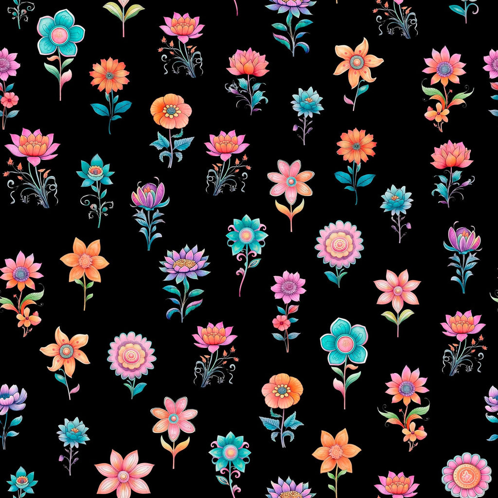 Image of the Spring Bling Stemmed Flowers Black quilting cotton fabric. Features mushrooms on a black background. Cute Little Fabric Shop