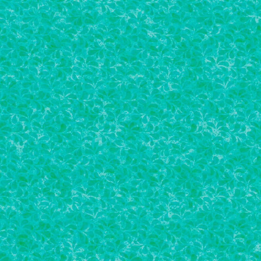 Image of the Spring Bling Leaf Tonal Jade quilting cotton fabric. Features leaves on a teal background. Cute Little Fabric Shop