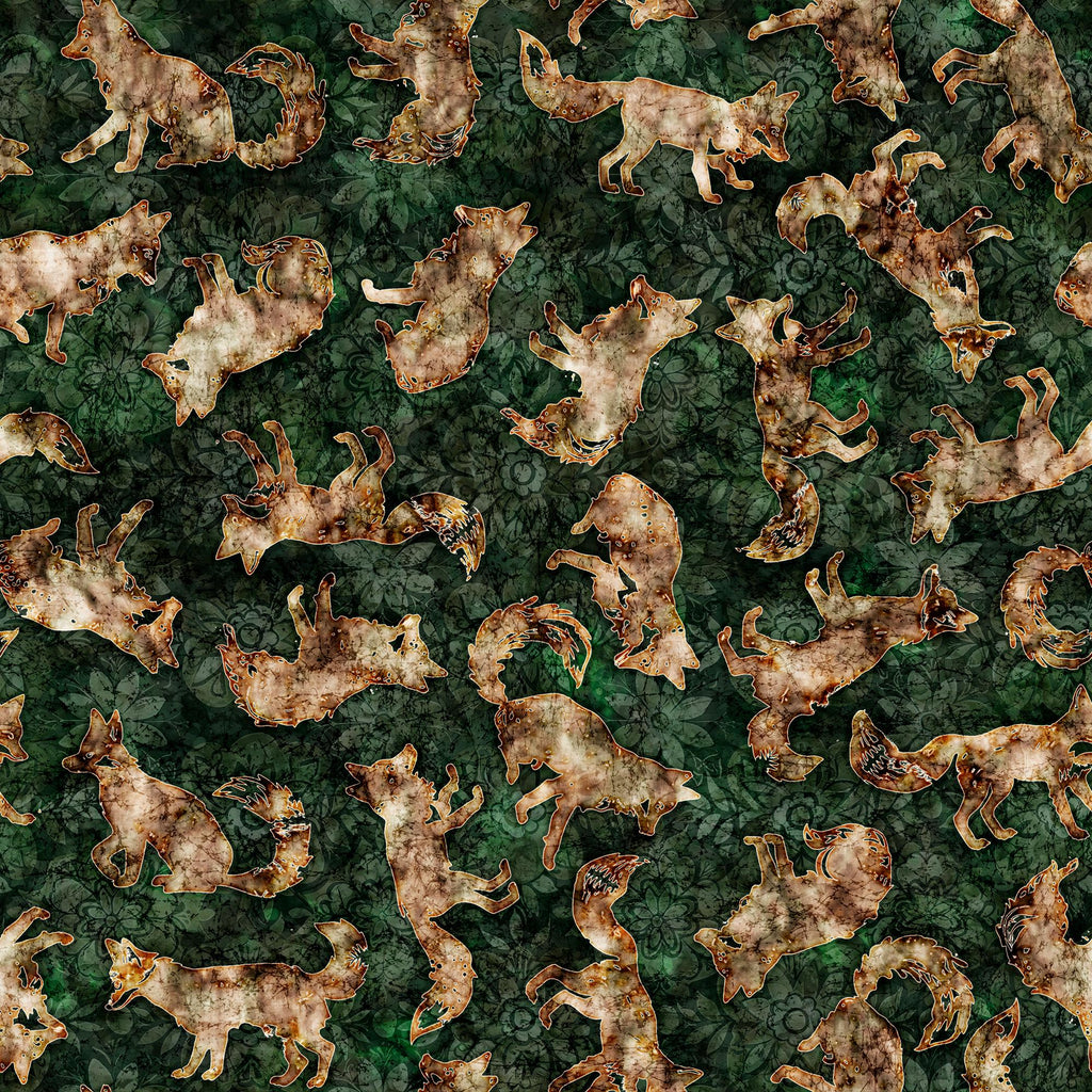 Image of the Wild Woods Foxes Forest quilting cotton fabric by Morris Creative Group for QT Fabrics. Features foxes on a green background. Cute Little Fabric Shop