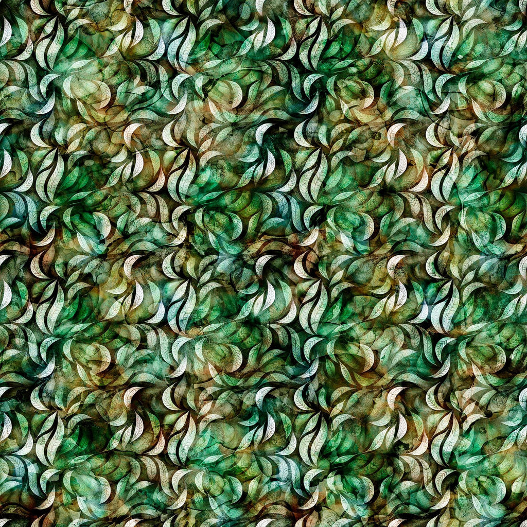 Image of the Wild Woods Foliage Green quilting cotton fabric by Morris Creative Group for QT Fabrics. Features leaves on a green background. Cute Little Fabric Shop