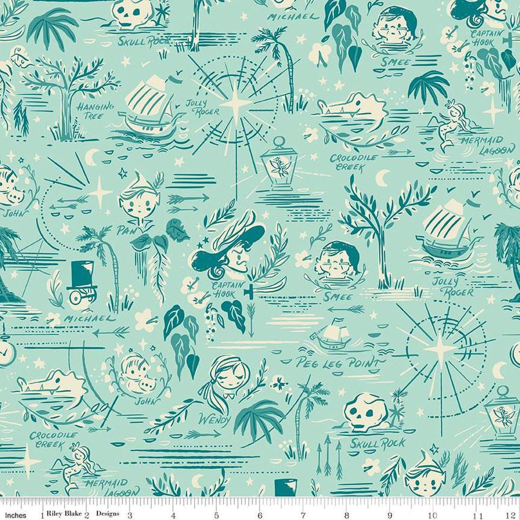 Image of the Forever Neverland Neverland Map Songbird quilting cotton fabric by Jill Howarth for Riley Blake Designs. Features characters on a teal background. Cute Little Fabric Shop