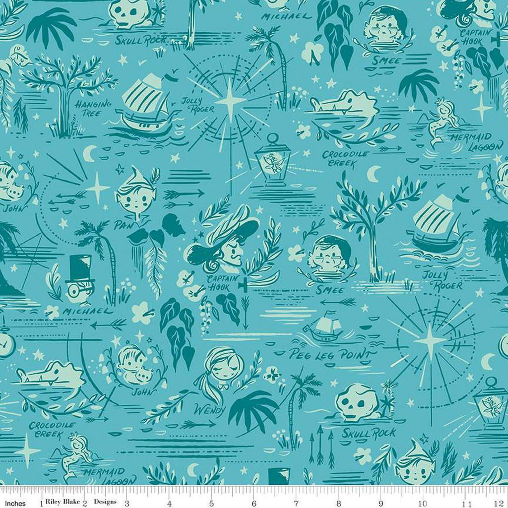 Image of the Forever Neverland Neverland Map Peacock quilting cotton fabric by Jill Howarth for Riley Blake Designs. Features characters on a teal background. Cute Little Fabric Shop
