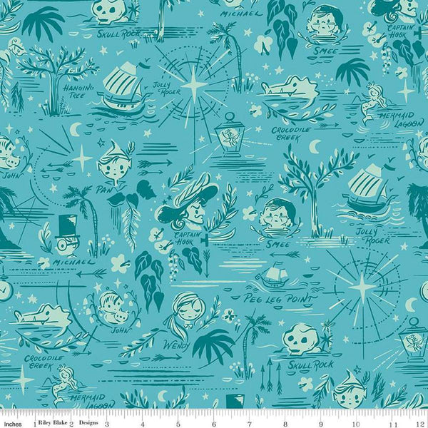 Image of the Forever Neverland Neverland Map Peacock quilting cotton fabric by Jill Howarth for Riley Blake Designs. Features characters on a teal background. Cute Little Fabric Shop