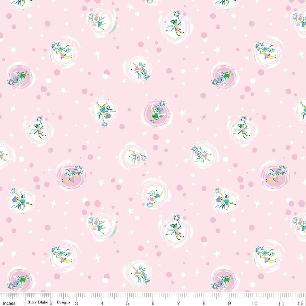 Image of the Forever Neverland Tink Pink quilting cotton fabric by Jill Howarth for Riley Blake Designs. Features tinks on a pink background. Cute Little Fabric Shop