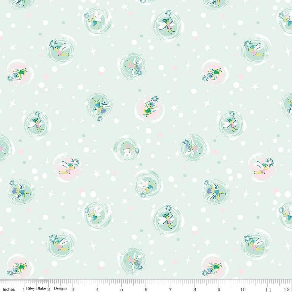 Image of the Forever Neverland Tink Mist quilting cotton fabric by Jill Howarth for Riley Blake Designs. Features tinks on a green background. Cute Little Fabric Shop