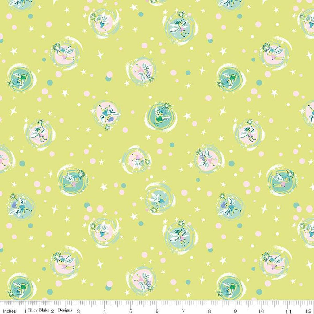 Image of the Forever Neverland Tink Lemongrass quilting cotton fabric by Jill Howarth for Riley Blake Designs. Features tinks on a yellow background. Cute Little Fabric Shop