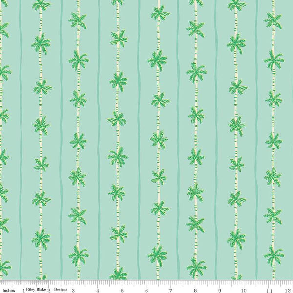 Image of the Forever Neverland Palm Stripe Songbird quilting cotton fabric by Jill Howarth for Riley Blake Designs. Features trees on a teal background. Cute Little Fabric Shop