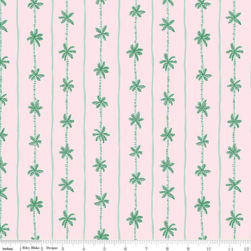 Image of the Forever Neverland Palm Stripe Pink quilting cotton fabric by Jill Howarth for Riley Blake Designs. Features trees on a pink background. Cute Little Fabric Shop