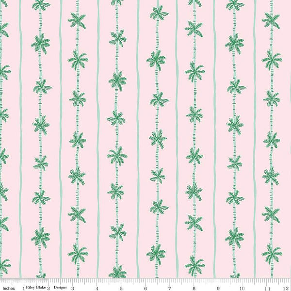 Image of the Forever Neverland Palm Stripe Pink quilting cotton fabric by Jill Howarth for Riley Blake Designs. Features trees on a pink background. Cute Little Fabric Shop