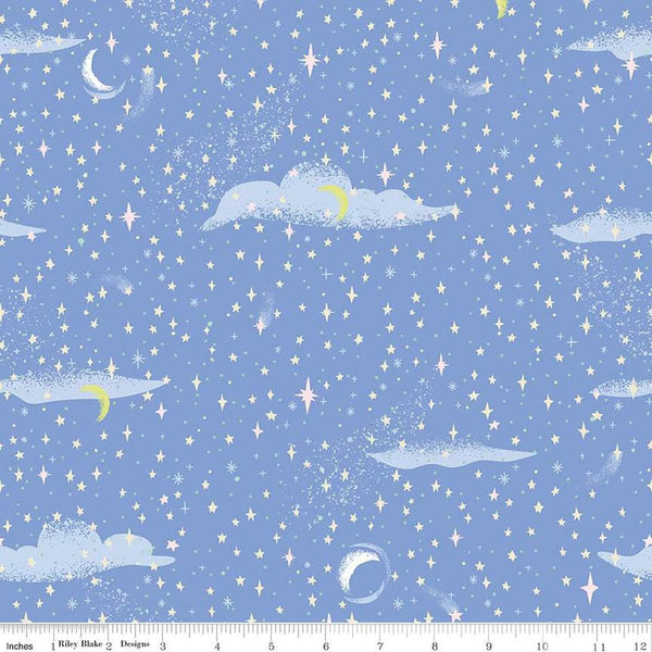 Image of the Forever Neverland Pixie Dust Periwinkle quilting cotton fabric by Jill Howarth for Riley Blake Designs. Features a sky on a purple background. Cute Little Fabric Shop
