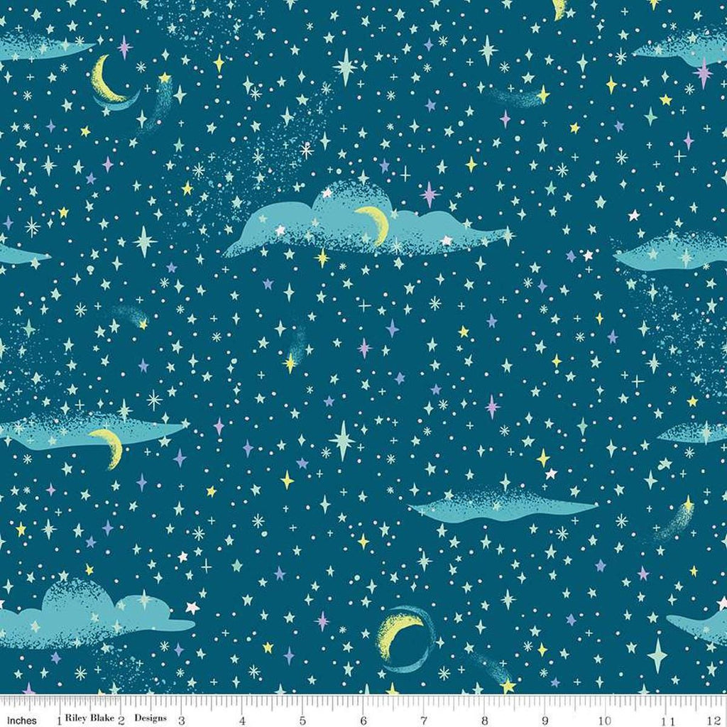 Image of the Forever Neverland Pixie Dust Night quilting cotton fabric by Jill Howarth for Riley Blake Designs. Features a sky on a blue background. Cute Little Fabric Shop