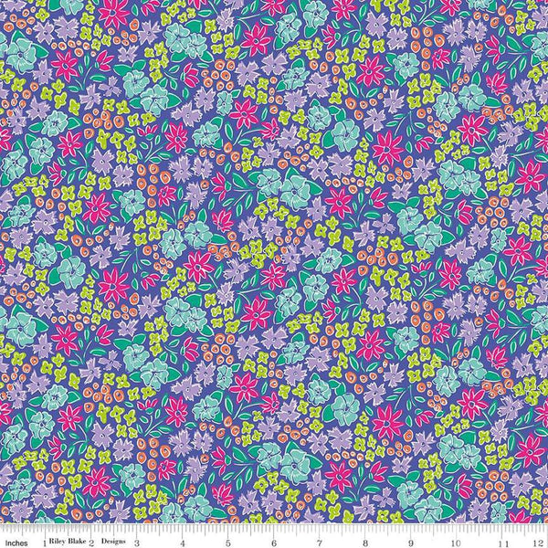 Image of the Vibrance Main Periwinkle quilting cotton fabric by Leslie Ryan for Riley Blake Designs. Features flowers on a purple background. Cute Little Fabric Shop