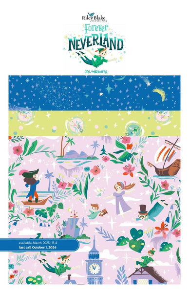 Image of the Forever Neverland storyboard by Jill Howarth for Riley Blake Designs. Features peter pan themed fabrics. 
Cute Little Fabric Shop