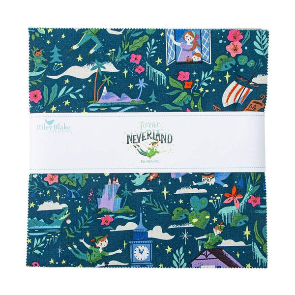 Image of the Forever Neverland 10 inch stacker by Jill Howarth for Riley Blake Designs. Features peter pan themed fabrics. 
Cute Little Fabric Shop