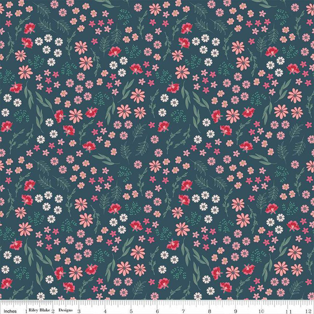 Image of the Berry Market Bouquets Stargazer quilting cotton fabric by Beverly McCullough for Riley Blake Designs. Features flowers on a blue background. Cute Little Fabric Shop