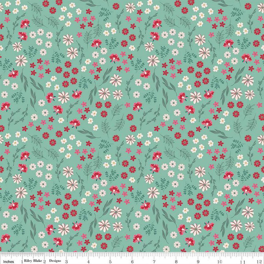 Image of the Berry Market Bouquets Scrubs quilting cotton fabric by Beverly McCullough for Riley Blake Designs. Features flowers on a green background. Cute Little Fabric Shop