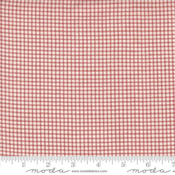 Image of the Woven Ginghams Garance Pearl quilting cotton fabric by French General for Moda Fabrics. Features printed gingham on a pink background. 
Cute Little Fabric Shop