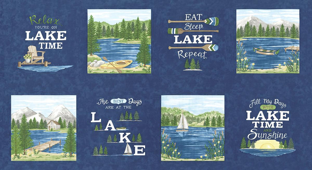 Image of the On Lake Time Deep Water Panel quilting cotton fabric by Deb Strain for Moda Fabrics. Features a lake and words. 
Cute Little Fabric Shop