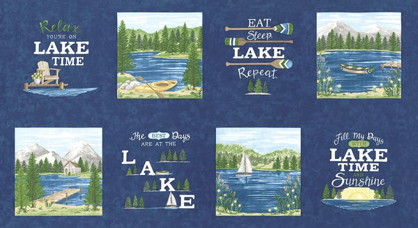 Image of the On Lake Time Deep Water Panel quilting cotton fabric by Deb Strain for Moda Fabrics. Features a lake and words. 
Cute Little Fabric Shop