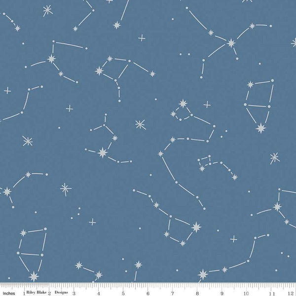 Image of the Hoist the Sails Constellation Denim quilting cotton fabric by Rachel Erickson for Riley Blake Designs. Features stars on a blue background. 
Cute Little Fabric Shop