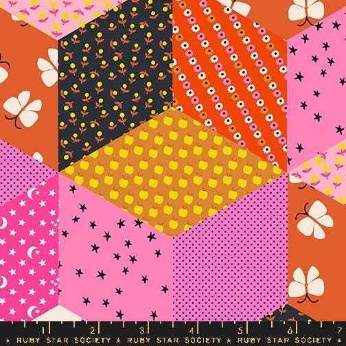 Image of the Ooh Lucky Lucky locks Lucky Pink quilting cotton fabric by Ruby Star Society for Moda Fabrics. Features patchwork on a pink background. Cute Little Fabric Shop