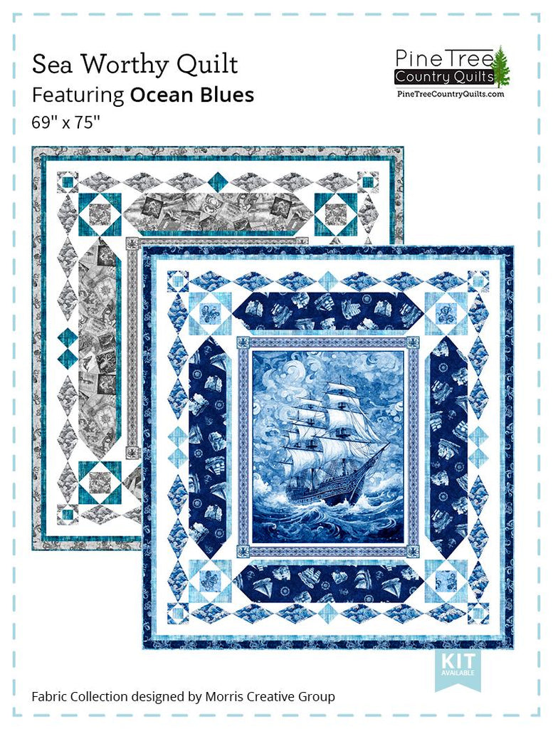 Image of the Sea Worthy Ocean Blues quilt pattern by QT Fabrics. Features a blue ship and a grey ship. Cute Little Fabric Shop