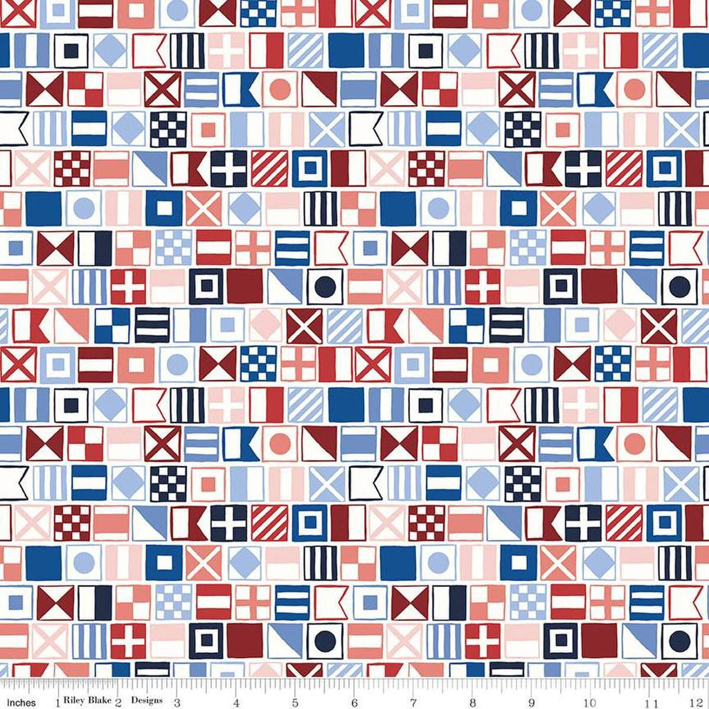Image of the Yacht Club Flags Multi quilting cotton fabric by Amanda Niederhauser for Riley Blake Designs. Features flags on a white background. Cute Little Fabric Shop