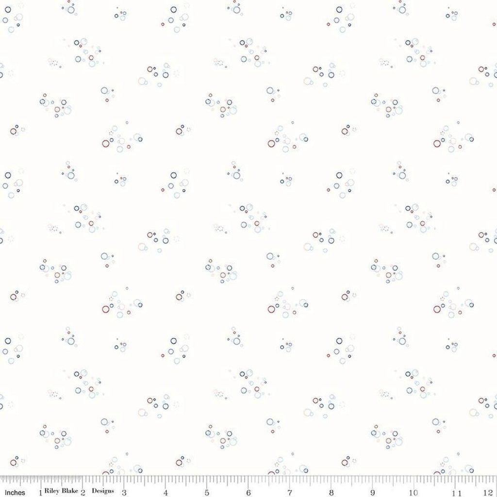 Image of the Yacht Club Bubbles White quilting cotton fabric by Amanda Niederhauser for Riley Blake Designs. Features circles on a white background. Cute Little Fabric Shop