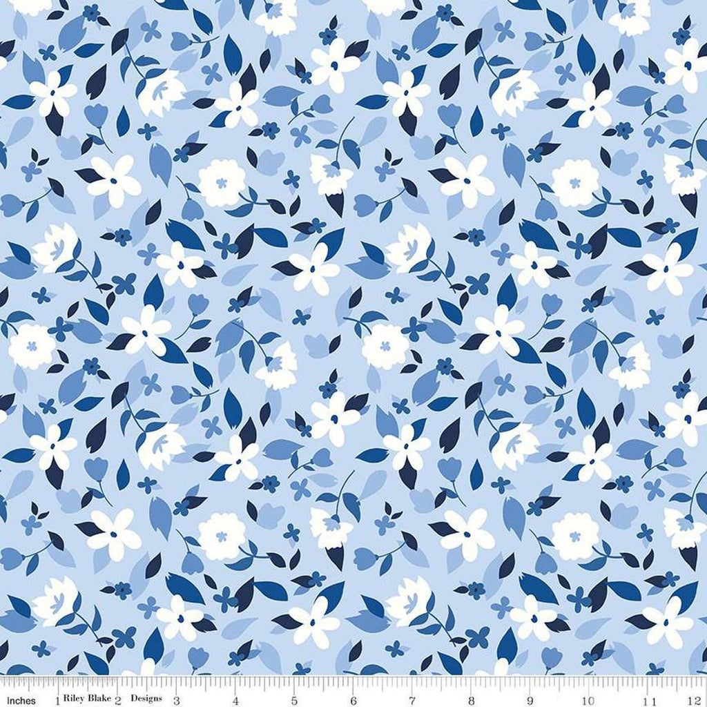 Image of the Yacht Club Flowers Sky quilting cotton fabric by Amanda Niederhauser for Riley Blake Designs. Features flowers on a blue background. Cute Little Fabric Shop