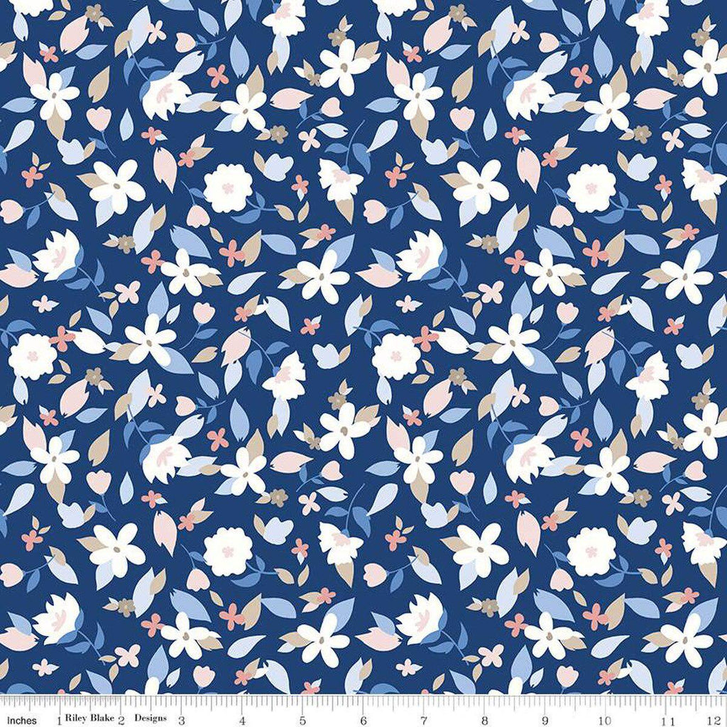 Image of the Yacht Club Flowers Blue quilting cotton fabric by Amanda Niederhauser for Riley Blake Designs. Features flowers on a blue background. Cute Little Fabric Shop