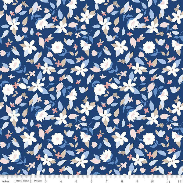 Image of the Yacht Club Flowers Blue quilting cotton fabric by Amanda Niederhauser for Riley Blake Designs. Features flowers on a blue background. Cute Little Fabric Shop