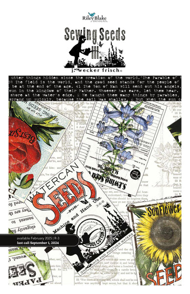 Image of the Sewing Seeds III Storyboard precut by J. Wecker Frisch for Riley Blake Designs. Features vintage and sewing fabrics on various backgrounds. 
Cute Little Fabric Shop