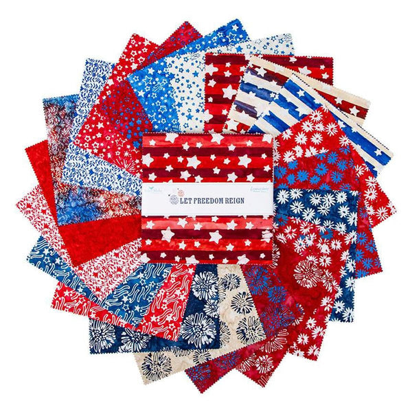 Image of the Expressions Batiks Let Freedom Reign 10 inch Stacker by Riley Blake Designs. Features patriotic themed fabric. 
Cute Little Fabric Shop