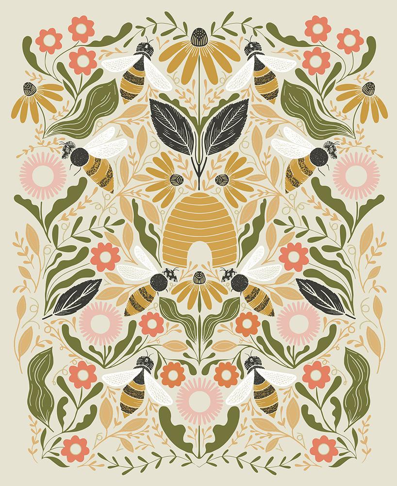 Image of the Bee Garden Metallic Porcelain Panel quilting cotton fabric by Gingiber for Moda Fabrics. Features bees and flowers on a cream background.
Cute Little Fabric Shop