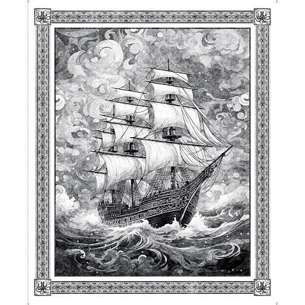 Image of the Ocean Blues Ship Panel Charcoal quilting cotton fabric by QT Fabrics. Features a large gray boat on a panel. 
Cute Little Fabric Shop