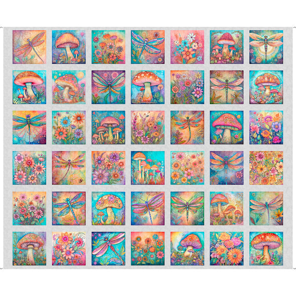 Image of the Spring Bling Butterfly Floral and Mushroom panel by QT Fabrics. Features brightly colored butterflies and mushrooms. Cute Little Fabric Shop