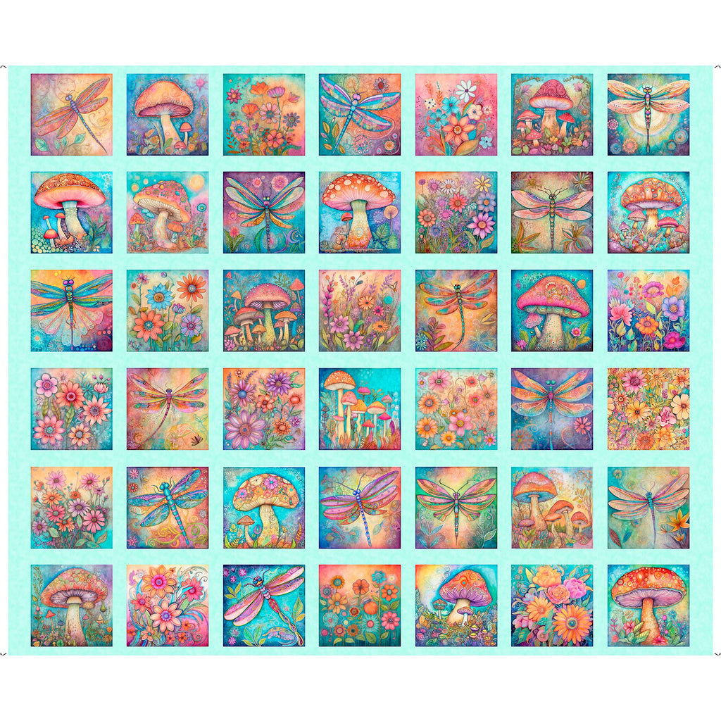 Image of the Spring Bling Butterfly Floral and Mushroom quilting cotton fabric by QT Fabrics. Features flowers and fungi on an aqua background. 
Cute Little Fabric Shop